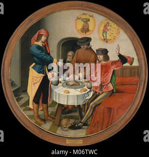 Dieses Kunstwerk zeigt die biblische Szene von Joseph, der die Träume seiner Mitgefangenen interpretiert, indem er Erzählungen und symbolische Bedeutungen aus dem Alten Testament verbindet. Stockfoto