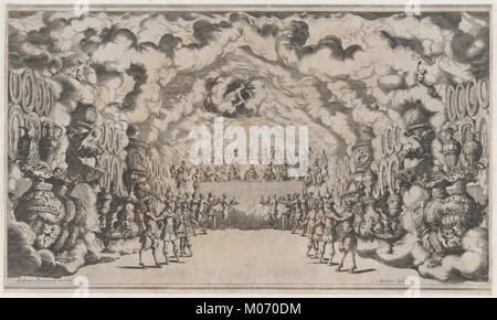 Ein Bühnenbild, das das „Königreich von Jove“ und das Bankett der Götter aus der Oper „Il Pomo D'Oro“ darstellt und theatralische und künstlerische Elemente der Szene veranschaulicht. Stockfoto