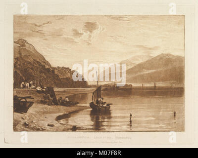 Dieses Kunstwerk zeigt den Inverary Pier am Loch Fyne am Morgen, Teil der Serie „Liber Studiorum“, die natürliches Licht, Küstenlandschaft und Landschaftsästhetik aus dem 19. Jahrhundert einfängt. Stockfoto