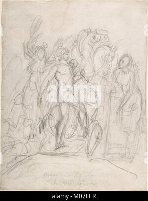 Diese Darstellung zeigt Mars, den römischen Kriegsgott, gekrönt von Victory, während er Mäßigung lauscht, was in der römischen Mythologie das Gleichgewicht zwischen Stärke und Zurückhaltung symbolisiert. Stockfoto