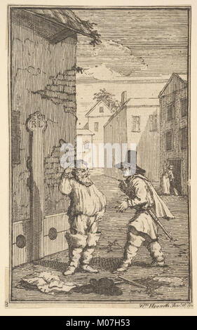 Diese Illustration aus Samuel Butlers „Hudibras“ zeigt einen Streit zwischen Hudibras und Ralpho und veranschaulicht den satirischen Inhalt des Werkes. Stockfoto