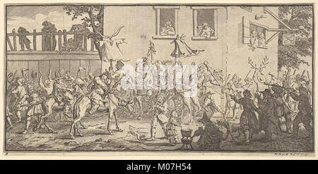 Diese Illustration zeigt Hudibras und den Skimmington aus Samuel Butlers „Hudibras“, Teil einer Serie mit kleinen satirischen Szenen. Stockfoto