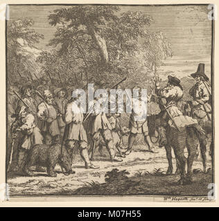 Diese Sammlung enthält die ersten Abenteuer-Illustrationen zu Samuel Butlers „Hudibras“, die Szenen aus dem satirischen Gedicht in kleinen, detaillierten Stichen zeigen. Stockfoto