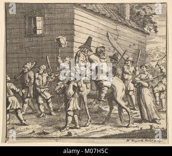 Diese Illustration zeigt Hudibras und Ralpho, die zu den Beständen gebracht wurden, und stellt eine Szene aus Samuel Butlers satirischem Gedicht Hudibras in einer Reihe kleiner, detaillierter Kunstwerke dar. Stockfoto