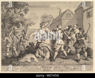 Die Illustration zeigt Hudibras, die von Trulla besiegt wurden, Teil einer Serie, die Schlüsselszenen aus Samuel Butlers satirischem Gedicht *Hudibras* darstellt. Stockfoto