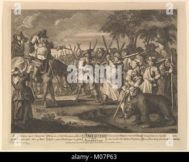 Diese Illustration aus Samuel Butlers „Hudibras“ zeigt eine Erzählszene, die satirischen Humor, literarischen Kontext und künstlerischen Stil des 17. Jahrhunderts veranschaulicht. Stockfoto