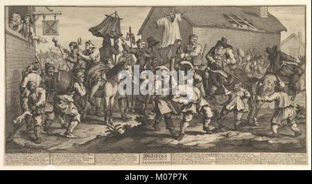 Diese Illustration aus „Hudibras“, MET, zeigt erzählende Szenen, wobei satirische Elemente und der historische literarische Kontext hervorgehoben werden. Stockfoto