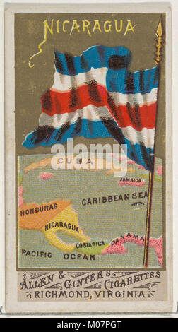 Diese Abbildung zeigt die Flagge von Nicaragua aus der Serie Flags of All Nations, herausgegeben von Allen & Ginter Zigaretten, die den nationalen Symbolismus repräsentiert. Stockfoto