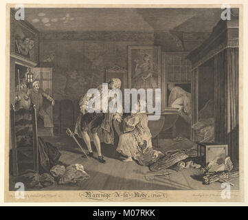 Dieses Gemälde, Platte V aus Hogarths „Heirat A-la-Mode“, kritisiert die Ehe des 18. Jahrhunderts und hebt moralische Implikationen und gesellschaftliche Konsequenzen hervor. Stockfoto
