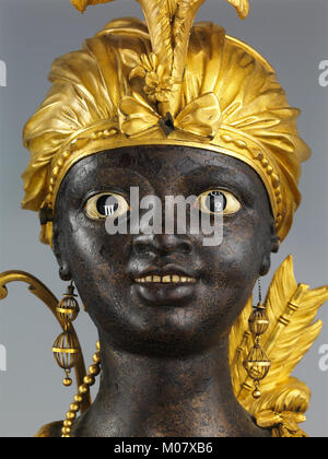 Diese Kaminuhr kombiniert Zeitmessung und musikalisches Uhrwerk mit komplizierten Mechanismen und dekorativem Design. Stockfoto