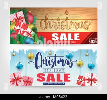 Weihnachten Verkauf Banner Set mit verschiedenen Designs und Holz- Hintergrund Promotional Design für die Ferienzeit. Vector Illustration. Stock Vektor