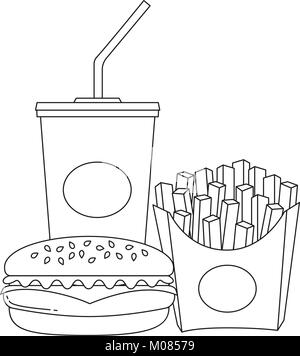 Schwarze und weiße Linie Art Poster fast food Soda Burger, Pommes frites Stock Vektor