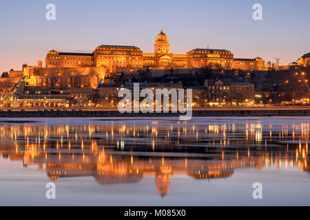 Beleuchtete Royal Palace in Budapest spiegeln sich in der Donau bei Nacht Stockfoto