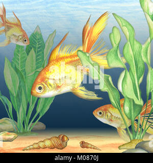 Aquarell Bild des Meeresbodens. Unterwasserwelt. Helle Abbildung von tropischen Fischen in Handarbeit gefertigt. Von Hand bemalt Stockfoto