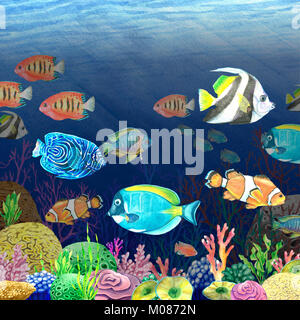 Aquarell Bild des Meeresbodens. Unterwasserwelt. Helle Abbildung von tropischen Fischen in Handarbeit gefertigt. Von Hand bemalt Stockfoto