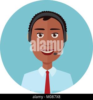 African American man Call Center Betreiber das Headset und Telefon Flat modern auf weißem Hintergrund. Stock Vektor