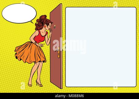 Frau spähen durch den Türspion Stock Vektor