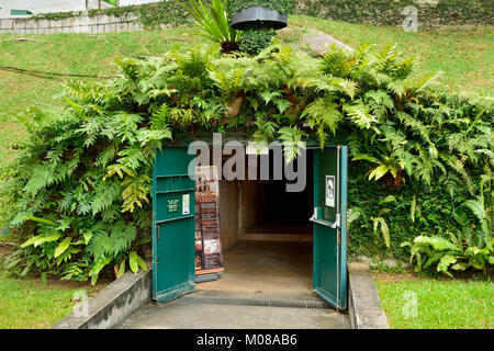 Singapur, Singapur - 11. Dezember 2017. Blick vom Eingang zum Kampf, Museum am Fort Canning in Singapur, mit Vegetation. Stockfoto