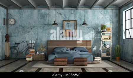 Schlafzimmer im industriellen Stil mit alten blauen Wand - 3D-Rendering Stockfoto