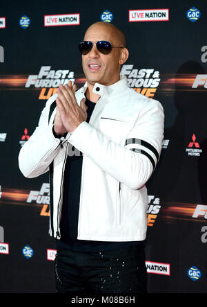 Vin Diesel die Teilnahme an der Uraufführung von Fast & Furious Live, gehalten an der 02, Halbinsel Square, London. Bild Datum: Freitag, 19 Januar, 2018. Foto: Ian West/PA-Kabel Stockfoto