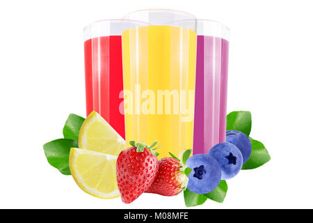 Isoliert Saft. Drei Gläser mit straberry, Heidelbeere und Zitronensaft und schneiden Sie das Obst auf weißem Hintergrund Stockfoto