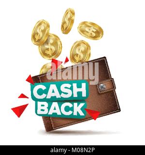 Cash Back Konzept Vektor. Realistische Brieftasche und Goldmünzen. Online Zahlung. Geld Erstattung Label. Isolierte Abbildung Stock Vektor