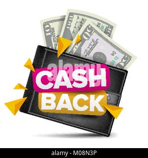 Cash Back Konzept Vektor. Realistische Brieftasche, Papier Geld. Online Zahlung, Shopping. Cash Refund unterzeichnen. Isoliert Stock Vektor