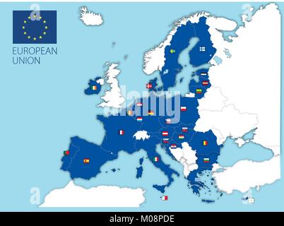 Europäische Union Karte und Flaggen ohne UK Stock Vektor