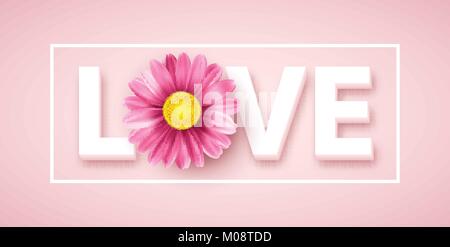 Liebe Typografie mit pink daisy flower. Vector Illustration Stock Vektor