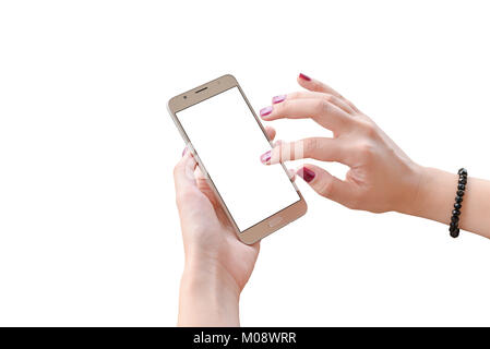 Isolierte smart phone in der Frau die Hände. Frau touch Mobiltelefon. Weiße leere Bildschirm für mockup. Stockfoto
