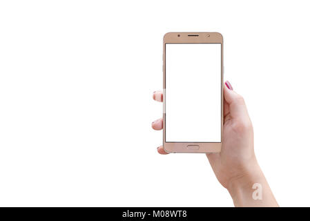 Isolierte smart phone in der Frau die Hand. Vorderansicht. Leerer Bildschirm für mockup. Stockfoto