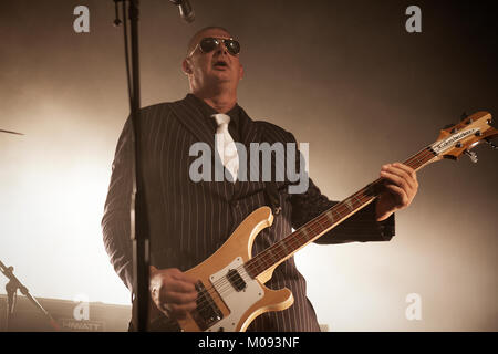 Die belgische Rockband Triggerfinger führt ein Live Konzert in der N-Joy Reeperbus auf das Reeperbahn Festival 2014 in Hamburg. Hier Bassist und Musiker Paul Van Bruystegem wird dargestellt, live auf der Bühne. Deutschland, 19.09.2014. Stockfoto