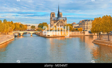 Paris, vertikale Panorama über den Fluss Seine mit der Kathedrale Notre-Dame an einem hellen Tag im Herbst, getönten Bild Stockfoto