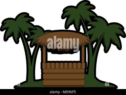 Kiosk aus Holz und Palmblättern am Strand illustration Design Stock Vektor