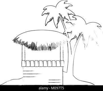 Kiosk aus Holz und Palmblättern am Strand illustration Design Stock Vektor