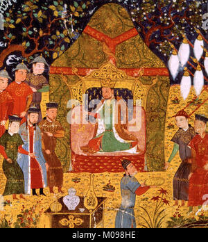 Dschingis Khan (c.1162-1227). Abbildung, aus der Zeit um 1430, zeigt Dschingis Khan aufsteigend zu den Thron in 1206. Stockfoto