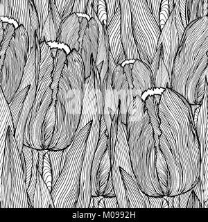 Handgezeichneten Tulip Blumen Hintergrund, Zeichnung in Schwarz und Weiß Stockfoto