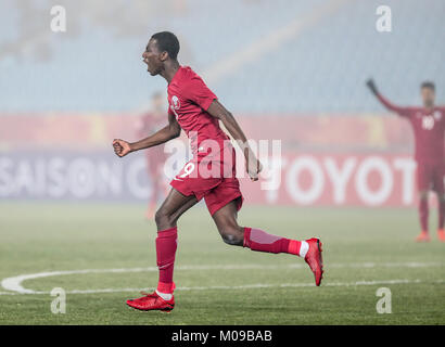 Changzhou, Provinz Jiangsu in China. 19 Jan, 2018. Almoez Ali von Katar feiert zählen während das Viertelfinale zwischen Katar und Palästina am 2018 AFC U23-Meisterschaft in Changzhou, Provinz Jiangsu im Osten Chinas, Jan. 19, 2018. Credit: Yang Lei/Xinhua/Alamy leben Nachrichten Stockfoto