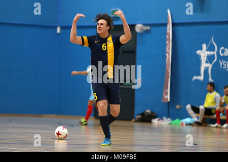 Cardiff, Großbritannien. 19 Jan, 2018. Taube Futsal-EM-Qualifikationsturnier. Aktion aus dem Schweden v Türkei (in Weiß) passen in Cardiff Metropolitan University, in Cardiff, South Wales am Freitag, den 19. Januar 2018. pic von der Credit: Andrew Obstgarten/Alamy leben Nachrichten Stockfoto