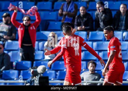 Barcelona, Spanien. 20 Jan, 2018. 20. Januar 2018, Cornella-El Prat, Cornella de Llobregat, Barcelona, Spanien; La Liga Fußball, Espanyol vs Sevilla, Sevilla Spieler feiern 1-0 in der 14. Minute Credit: UKKO Images/Alamy leben Nachrichten Stockfoto