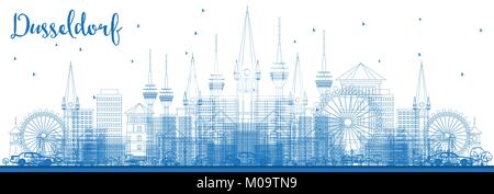 Umrisse Düsseldorf Deutschland Skyline mit blauen Gebäude. Vector Illustration. Business Travel und Tourismus Konzept mit historischer Architektur. Stock Vektor