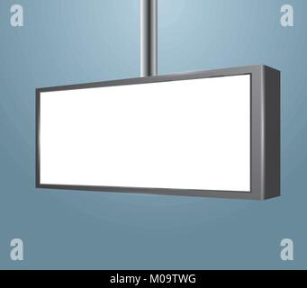 Leere Store weiß Namensschild auf blauem Hintergrund. Vector Illustration. Leeren Platz Leuchtkasten Mock Up. Stock Vektor