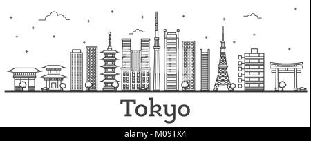 Umrisse Tokyo Japan Skyline der Stadt mit modernen Gebäuden isoliert auf Weiss. Vector Illustration. Tokio Stadtbild mit Sehenswürdigkeiten. Stock Vektor