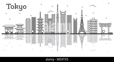 Umrisse Tokyo Japan Skyline der Stadt mit modernen Gebäuden isoliert auf Weiss. Vector Illustration. Tokio Stadtbild mit Sehenswürdigkeiten. Stock Vektor