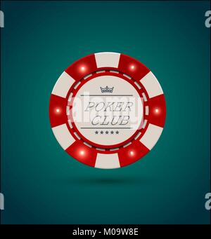 Vector rot weiß casino poker chip mit leuchtend hellen Elementen. Blau grün Hintergrund. Poker Club Text, Blackjack und online casino Banner, eps 10. Stock Vektor