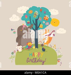 Cartoon Tiere feiern Geburtstag im Wald Stock Vektor