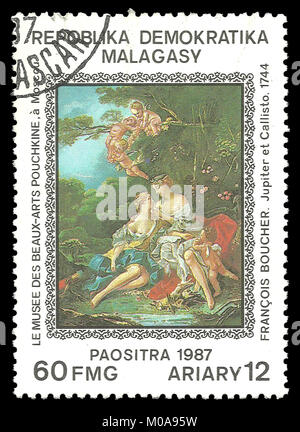 Madagaskar - Stempel 1987: Colour Edition zu Kunst, zeigt Gemälde Jupiter und Callisto von Francois Boucher Stockfoto