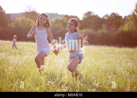 Gruppe der Glückliche Kinder spielen auf der Wiese Stockfoto