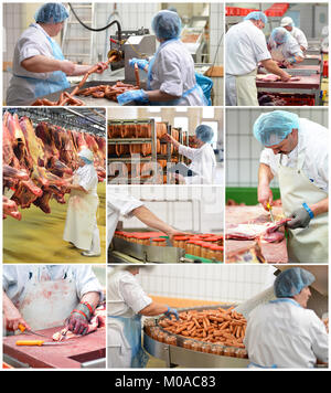 Lebensmittelindustrie - Herstellung von Wurstwaren, die Arbeitnehmer in einem Fleischverarbeitungsbetrieb, Kühlhaus mit Schweinefleisch und Rindfleisch Hälften, dosenfleisch Produktion Stockfoto