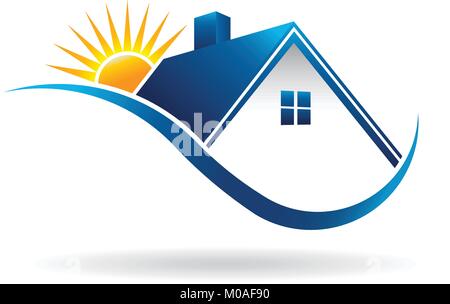 Sonnenuntergang über Home Logo. Vector Illustration Stock Vektor